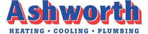 Ashworth logo with bold red and blue text; below, it reads "Heating • Cooling • Plumbing" in blue capital letters.