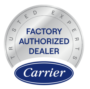 Silver badge with the words "Trusted Experts" and "Factory Authorized Dealer" above a blue oval logo with the word "Carrier.